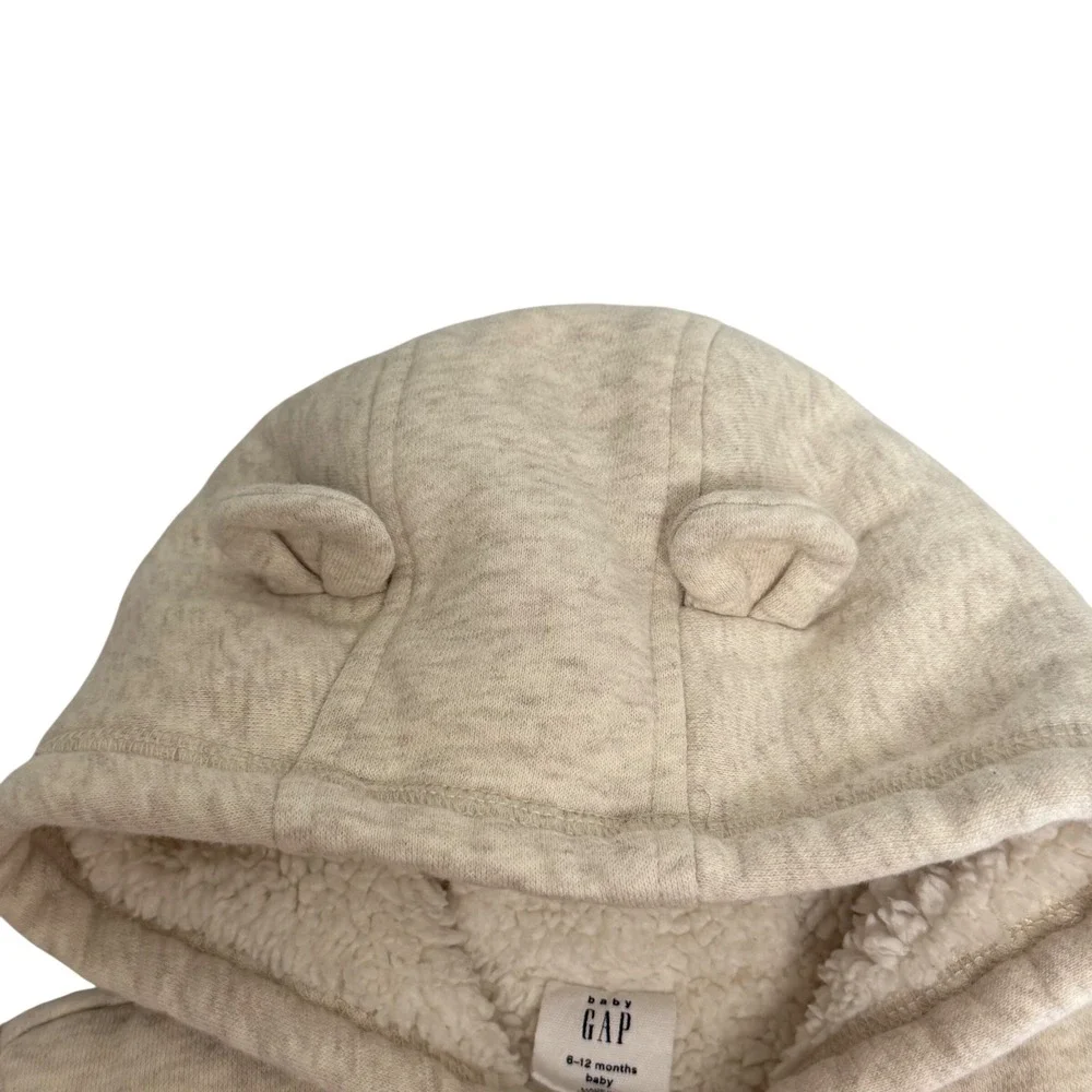 Baby Gap Oatmeal Heather Sherpa Lined Bear Ear Zip Hoodie 6-12 Months Logo